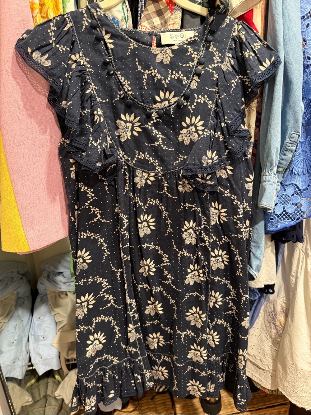 Sea New York Navy and Cream Floral Ruffle Dress